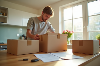 Jeune adulte emballant des cartons dans un appartement lumineux