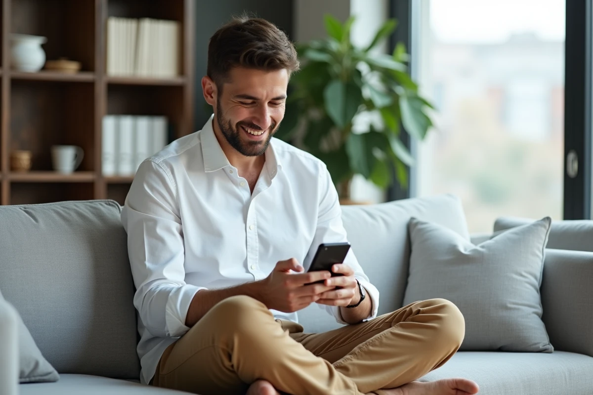 Jeune homme consultant un portail d'aides et prestations sociales sur son smartphone dans son appartement