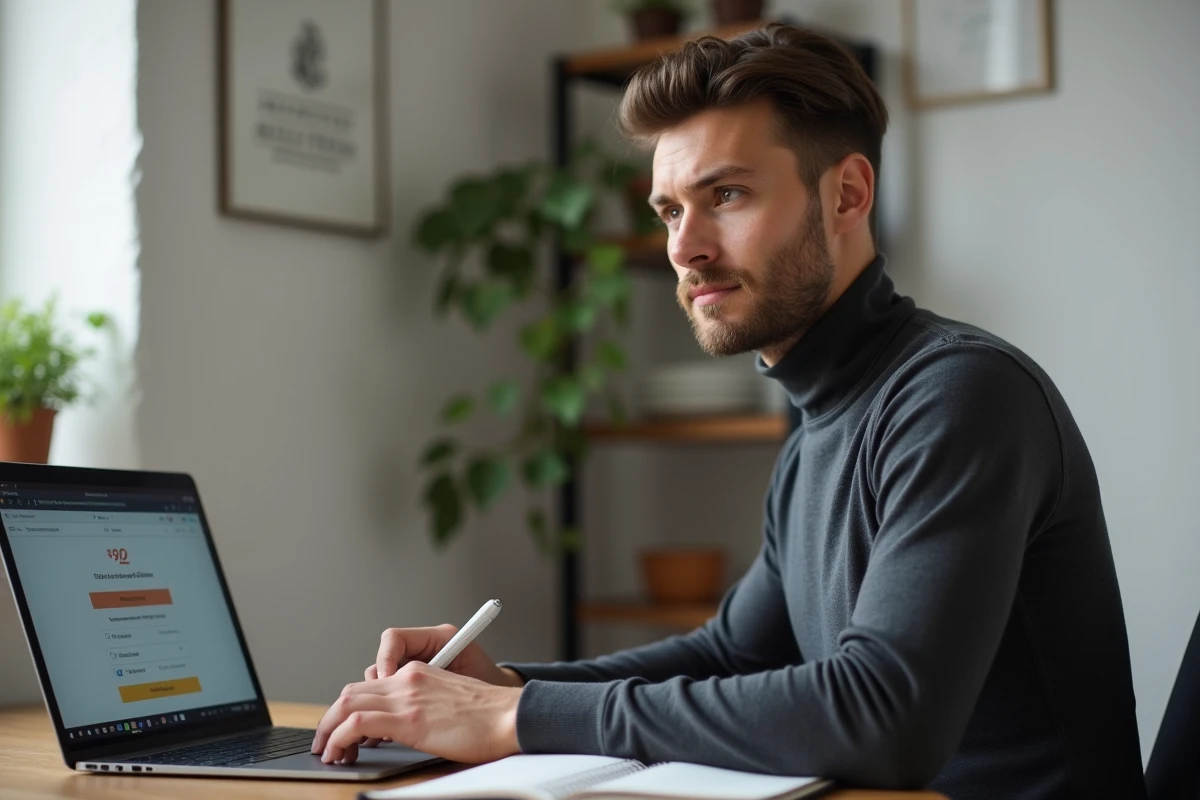 Jeune entrepreneur inscrivant sa jeune pousse à l'événement lesentreprisesfrenchy 2026 depuis son bureau avec un ordinateur portable