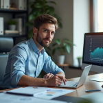 Jeune entrepreneur confiant avec écrans sociaux et graphiques