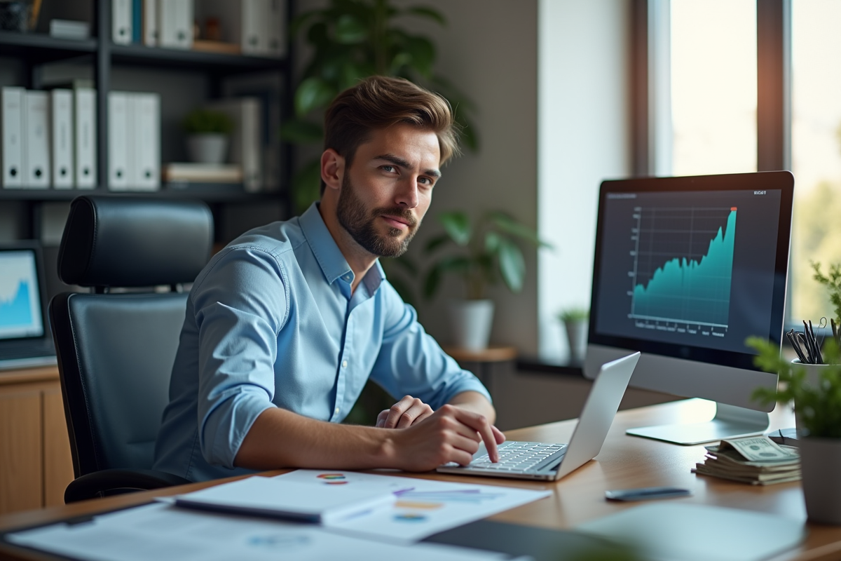 Jeune entrepreneur confiant avec écrans sociaux et graphiques