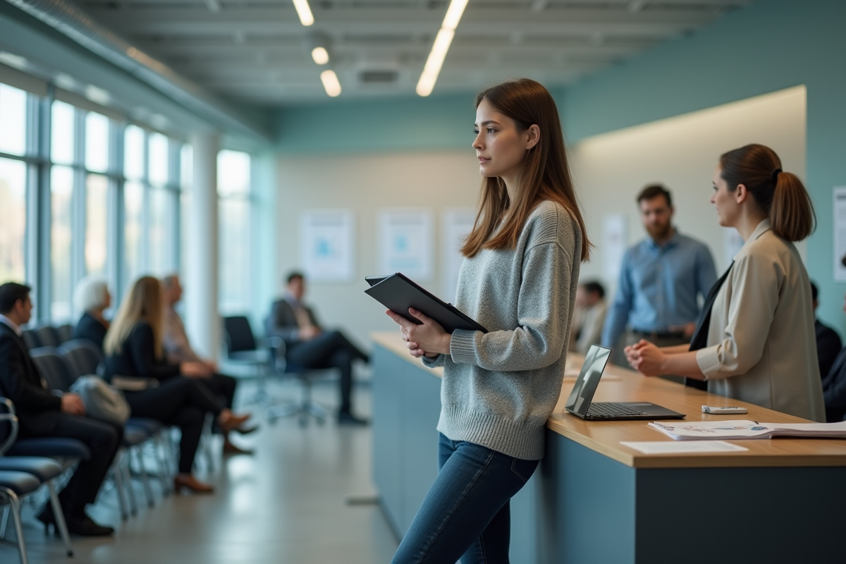 Jeune femme parlant avec un agent dans un bureau d