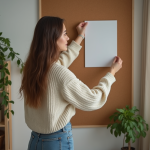 Jeune femme accrochant une affiche d'art dans un salon cosy