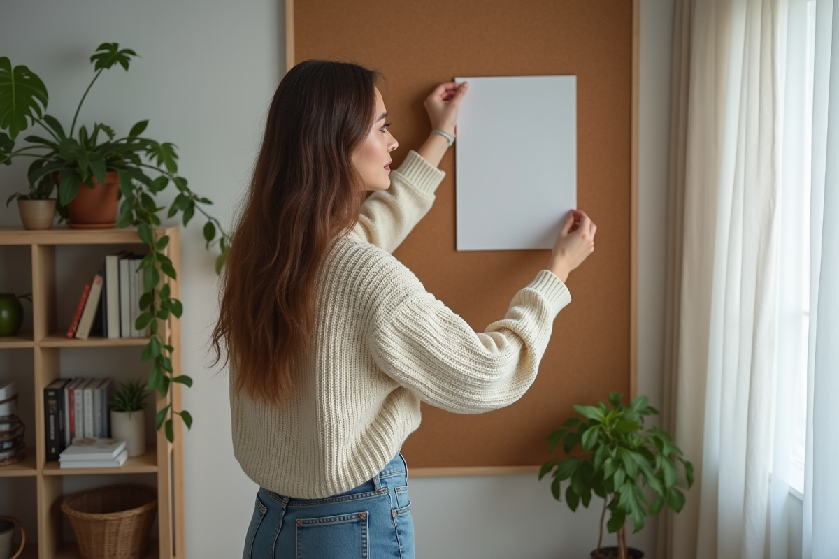 Jeune femme accrochant une affiche d'art dans un salon cosy