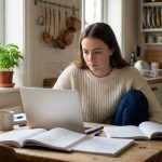 Jeune femme concentrée à la maison avec ordinateur et livres