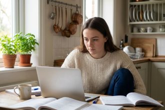 Jeune femme concentrée à la maison avec ordinateur et livres