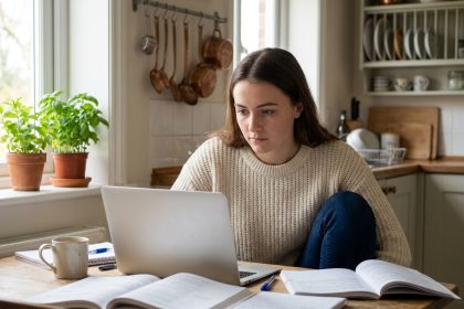 Jeune femme concentrée à la maison avec ordinateur et livres