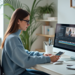Jeune femme travaillant sur montage vidéo dans un bureau lumineux