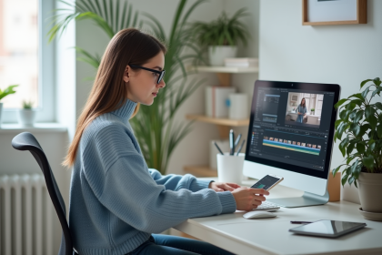 Jeune femme travaillant sur montage vidéo dans un bureau lumineux