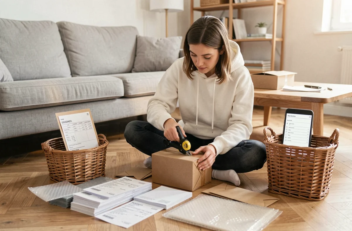 Jeune femme auto-entrepreneur emballant des échantillons de produits depuis son salon pour un complément de salaire