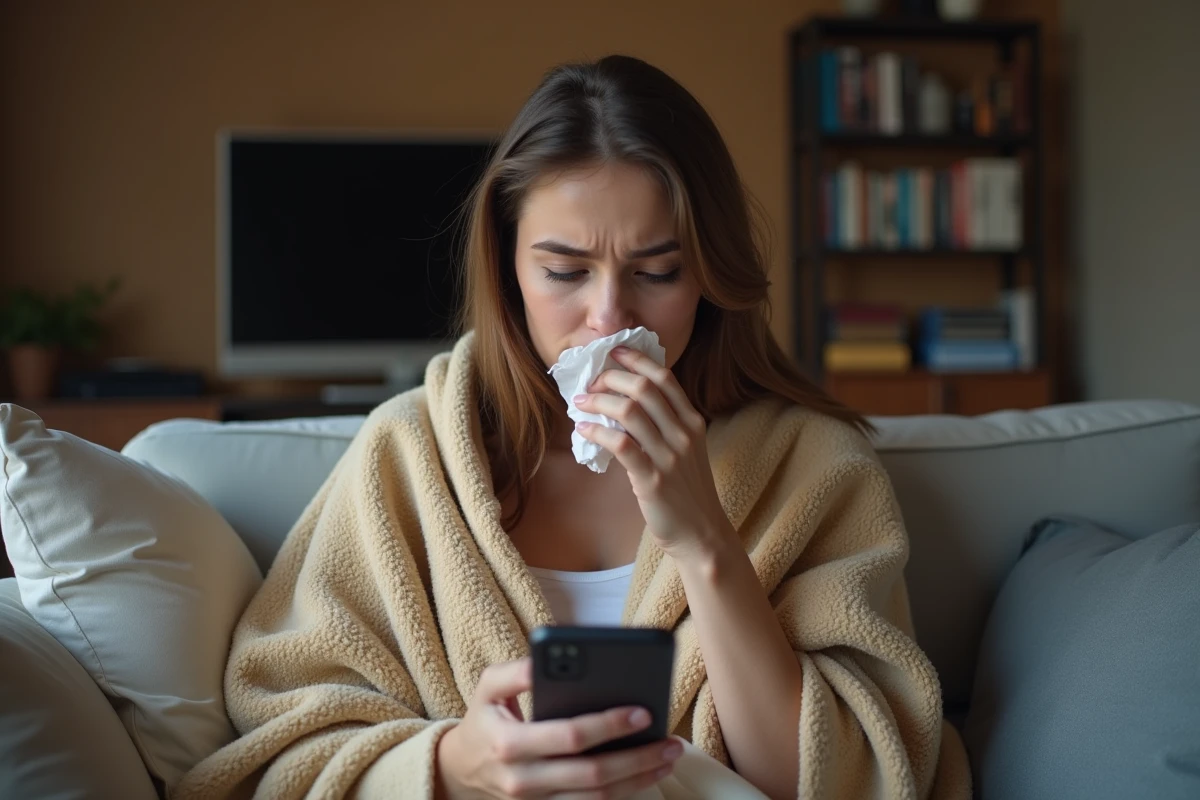 Jeune femme enveloppée dans une couverture sur un canapé cherchant une excuse sur son téléphone pour ne pas travailler