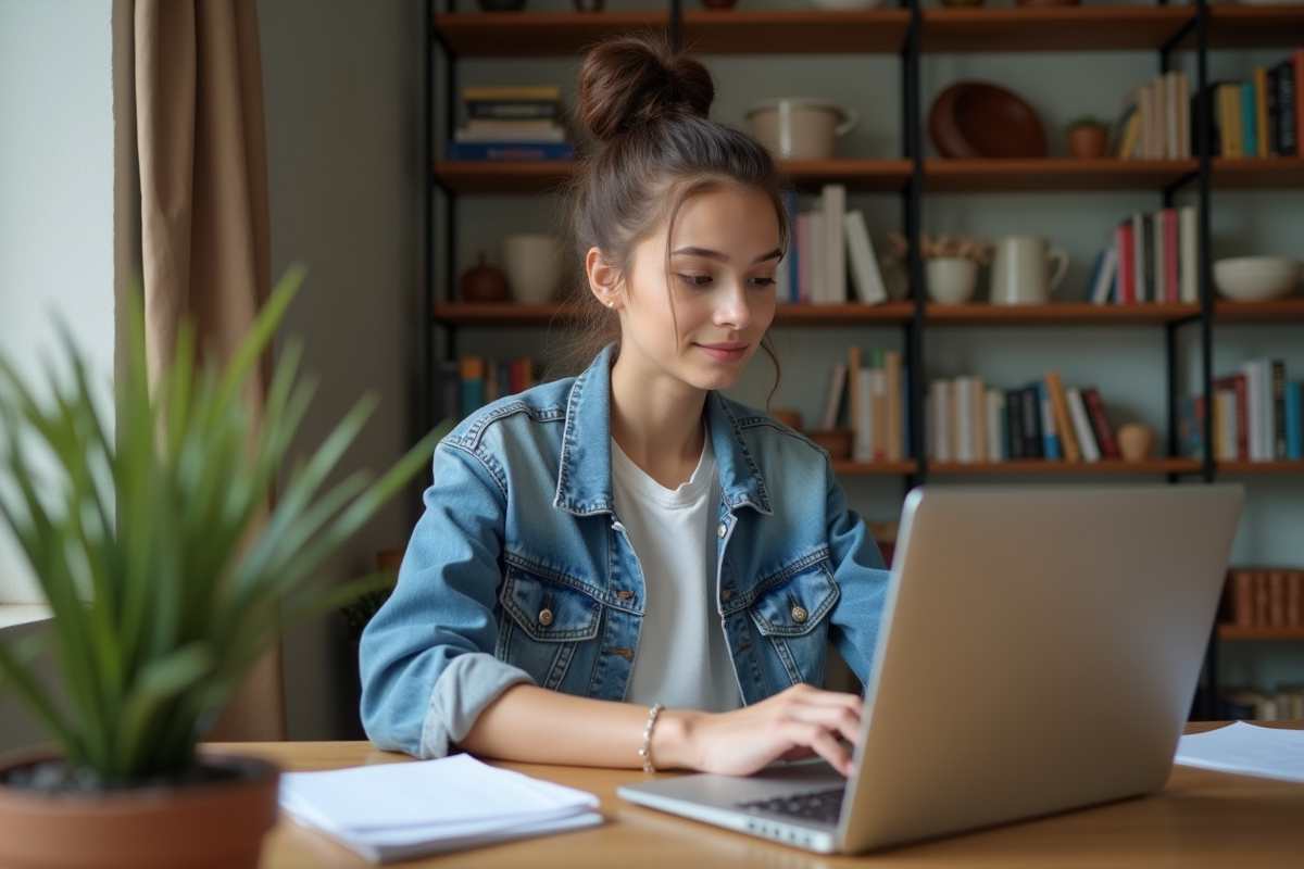 Jeune femme tapant sur un ordinateur dans un cadre cosy