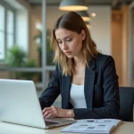 Jeune femme en blazer consulte un guide mode d emploi