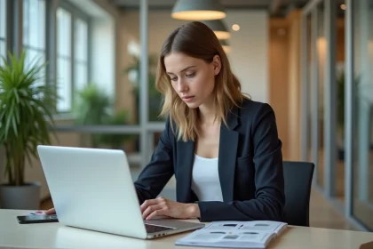 Jeune femme en blazer consulte un guide mode d emploi