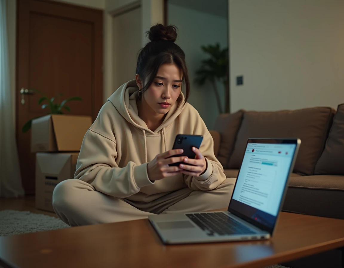 Jeune femme inquiète consultant une offre de travail à domicile emballage sur son téléphone depuis son canapé