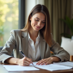 Jeune femme en tenue professionnelle remplissant des papiers à la maison