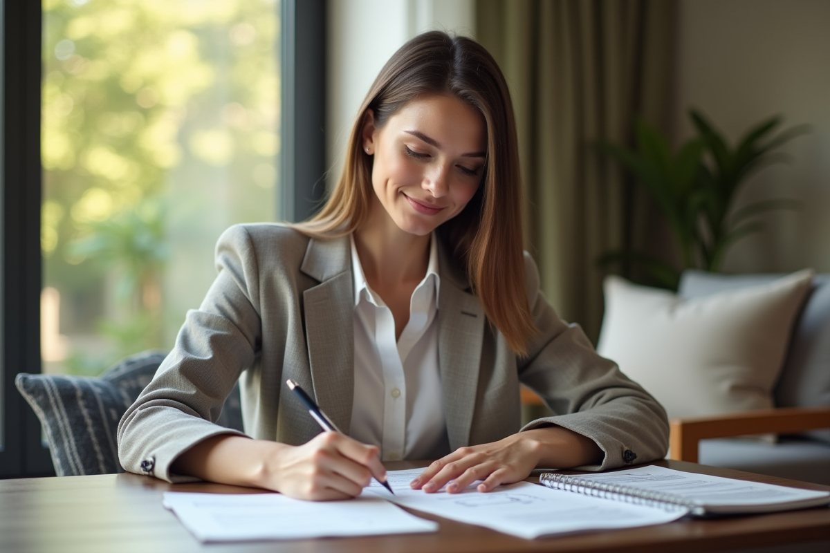 Jeune femme en tenue professionnelle remplissant des papiers à la maison