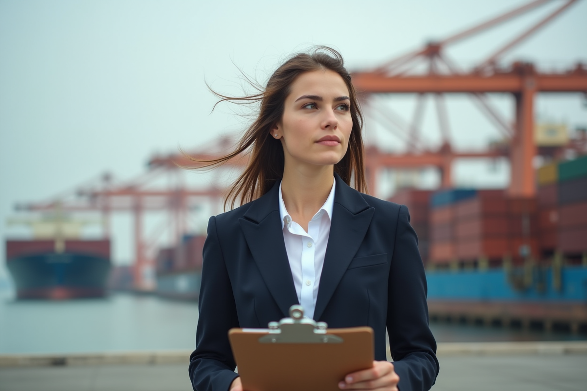 Jeune femme dans un port de commerce mondial