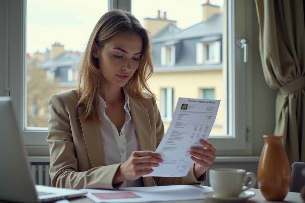 Jeune femme française vérifiant une fiche de paie près d