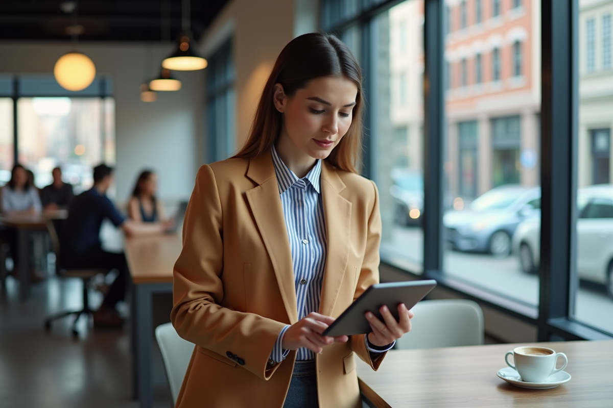 Jeune femme en coworking vérifiant ses chiffres sur une tablette