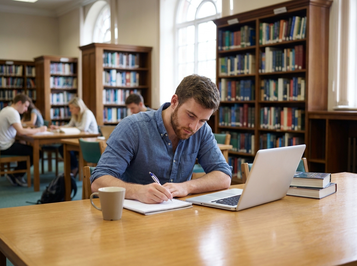 Jeune homme prenant des notes dans une bibliothèque universitaire