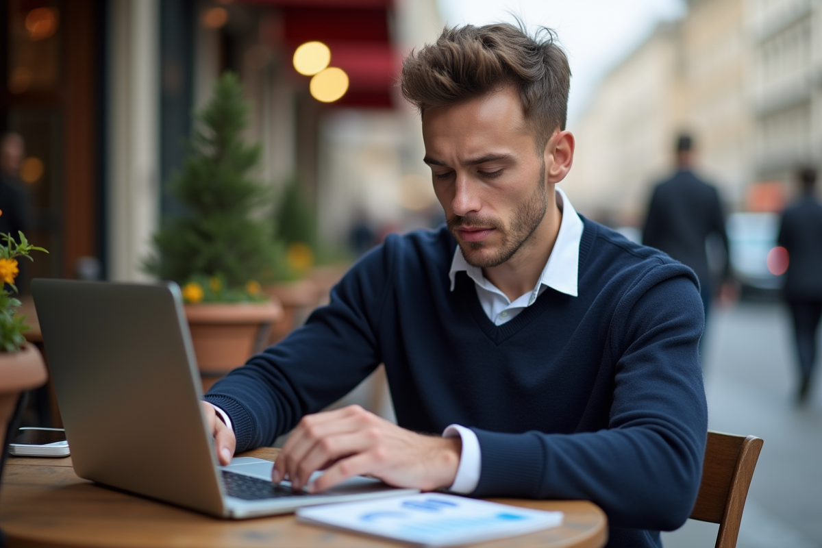 Jeune homme français travaillant sur ordinateur en terrasse