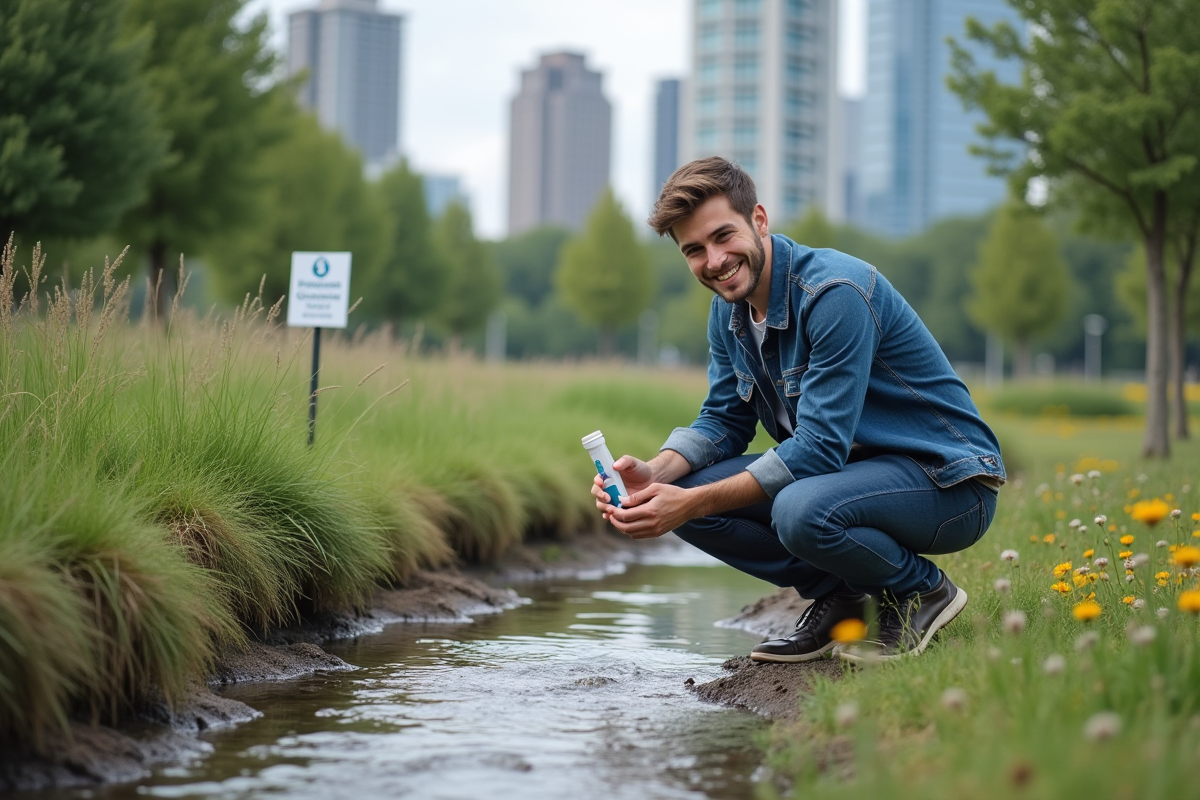 Jeune homme analysant un échantillon d eau dans un parc urbain