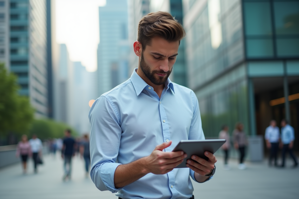 Jeune homme utilisant une tablette devant un bâtiment de bureau