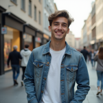 Jeune homme souriant dans une rue animée en ville