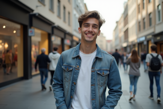 Jeune homme souriant dans une rue animée en ville