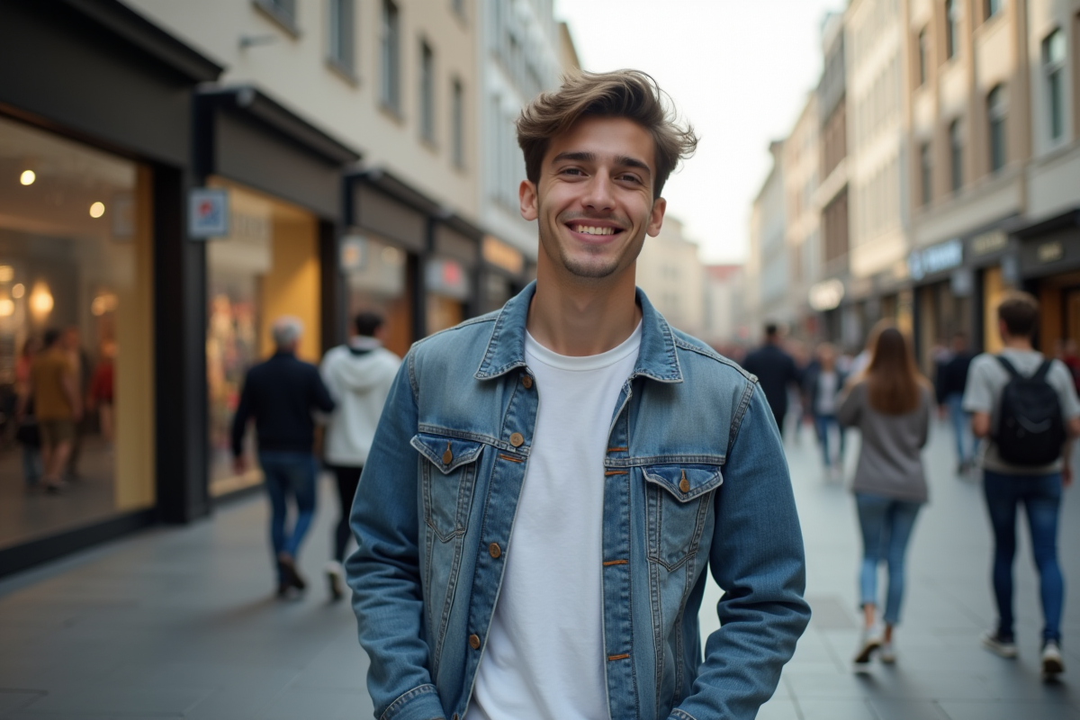 Jeune homme souriant dans une rue animée en ville