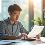 Jeune professionnel analysant documents financiers dans un bureau lumineux