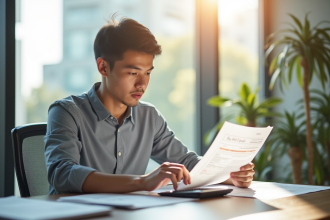 Jeune professionnel analysant documents financiers dans un bureau lumineux