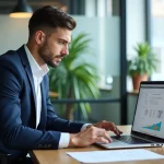 Jeune homme en costume analyse une stratégie SEO sur son ordinateur