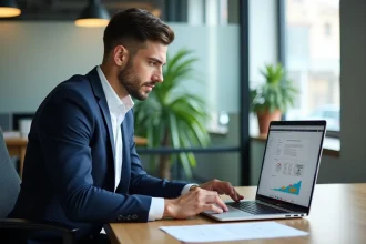 Jeune homme en costume analyse une stratégie SEO sur son ordinateur