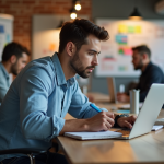 Jeune homme concentré au coworking avec ordinateur et notes