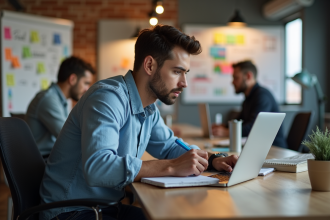 Jeune homme concentré au coworking avec ordinateur et notes