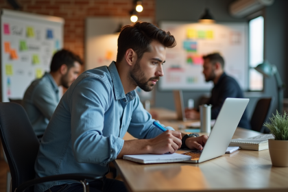 Jeune homme concentré au coworking avec ordinateur et notes