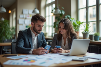 Jeunes professionnels collaborant dans un bureau moderne à Paris