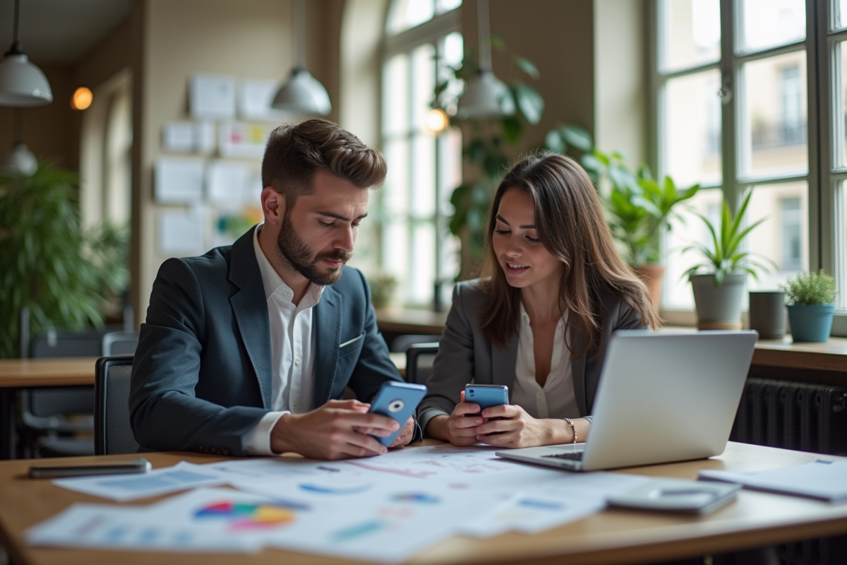 Jeunes professionnels collaborant dans un bureau moderne à Paris