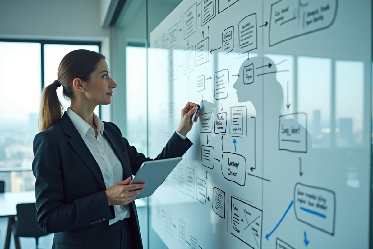 Juriste traçant la structure juridique et les flux d'un groupe de sociétés sur un tableau blanc