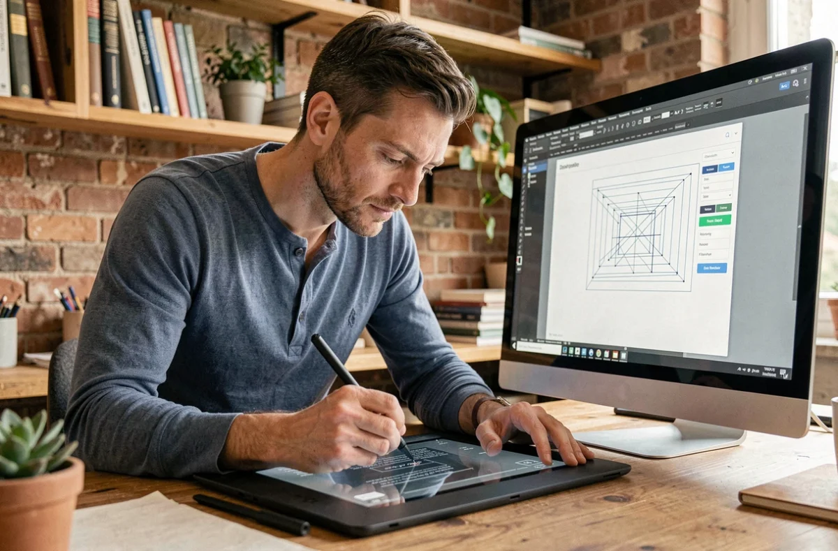 Designer web de l'atelier LATELIER travaillant sur la conception d'un site sur mesure avec une tablette graphique à Niort