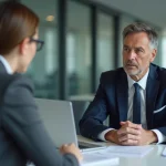 Réunion de licenciement pour faute grave entre un responsable RH et une employée dans un bureau d'entreprise moderne