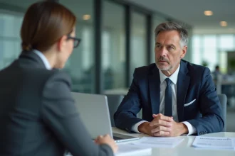 Réunion de licenciement pour faute grave entre un responsable RH et une employée dans un bureau d'entreprise moderne