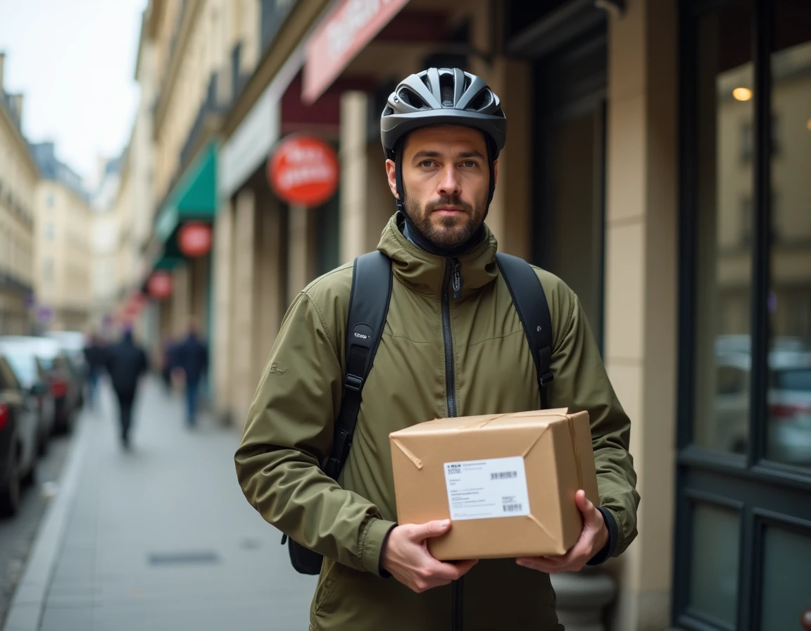 Coursier à vélo livrant un colis d'imprimerie en moins de 24h dans le 17e arrondissement de Paris