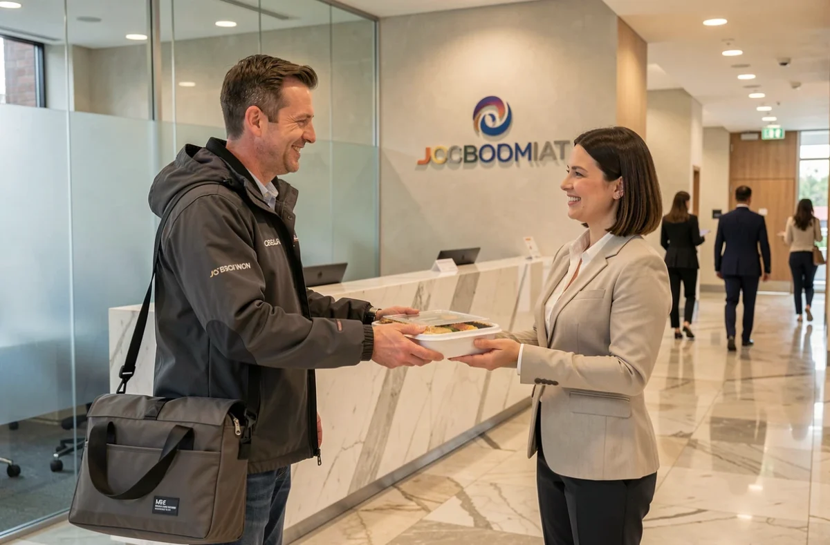 Livreur remettant un repas emballé à une réceptionniste dans le hall d'une entreprise, représentant le service de portage de repas en milieu professionnel