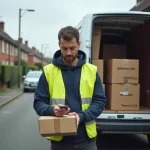 Livreur Amazon indépendant scannant un colis devant son van dans une rue résidentielle