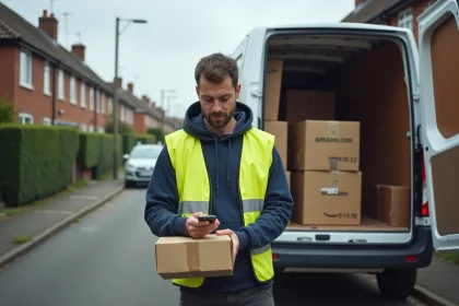 Livreur Amazon indépendant scannant un colis devant son van dans une rue résidentielle