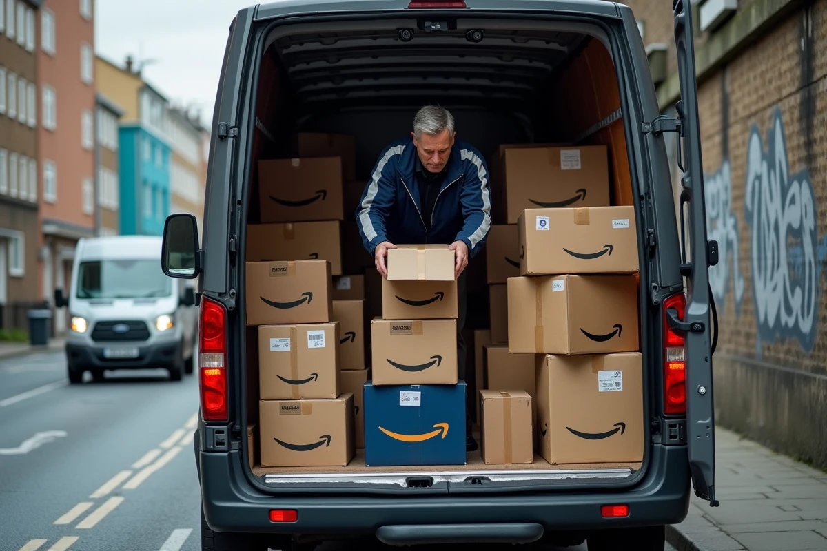 Livreur Amazon triant des colis dans le fond de son van dans une zone de livraison urbaine