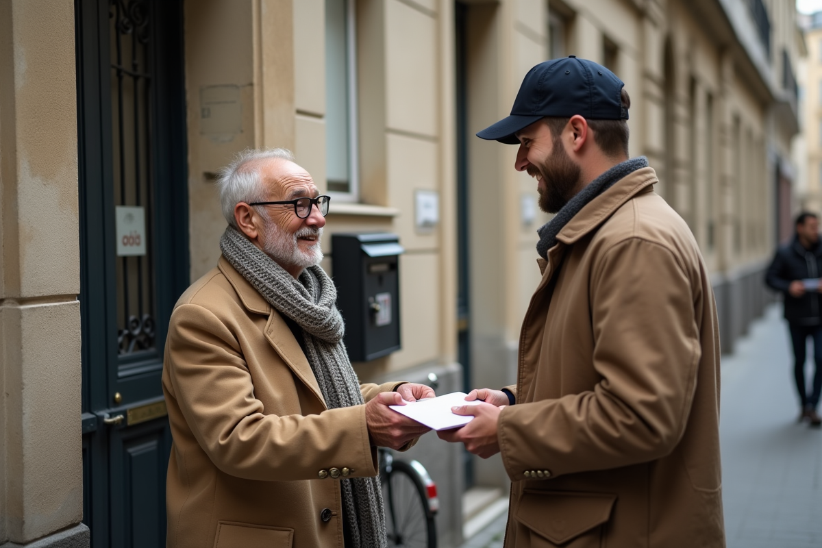 Livreur discutant avec un client devant une maison parisienne